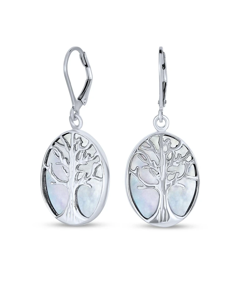 Bling Jewelry Large Oval Natural Stone Shell Lever Back Mother Of Pearl Family Tree Of Life Dangle Earrings .925 Sterling Silver
