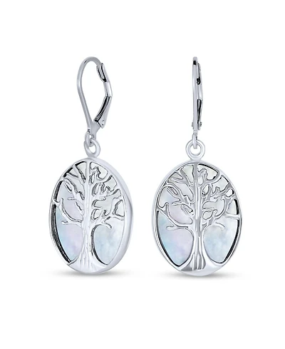 Bling Jewelry Large Oval Natural Stone Shell Lever Back Mother Of Pearl Family Tree Of Life Dangle Earrings .925 Sterling Silver