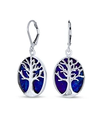 Bling Jewelry Large Oval Natural Stone Shell Lever Back Mother Of Pearl Family Tree Of Life Dangle Earrings .925 Sterling Silver