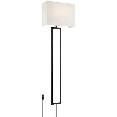 Possini Euro Design Portico Modern Wall Lamp Black Plug-in 11" Light Fixture Led White Linen Rectangular Shade for Bedroom Reading Living Room Ho