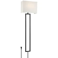 Possini Euro Design Portico Modern Wall Lamp Black Plug-in 11" Light Fixture Led White Linen Rectangular Shade for Bedroom Reading Living Room Ho