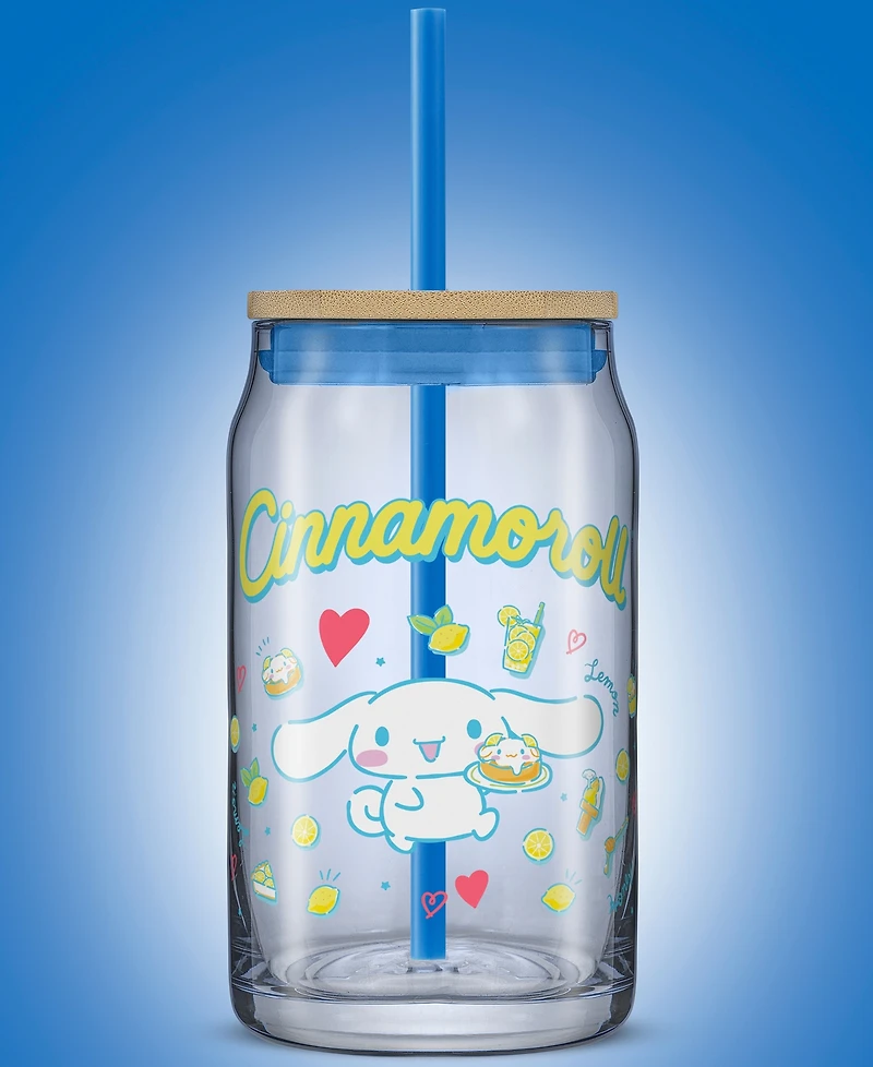 JoyJolt Hello Kitty and Friends Favorite Flavor Cinnamoroll Can Shaped Glass Tumbler with Wood Lid and Straw