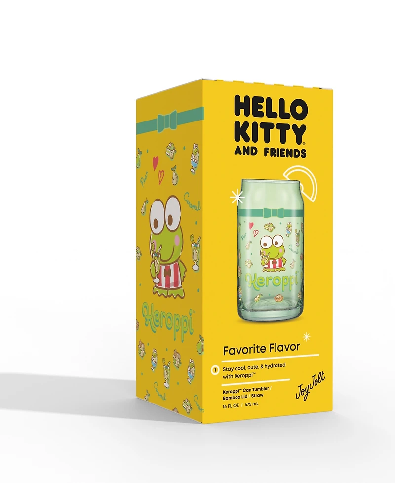 JoyJolt Hello Kitty and Friends Favorite Flavor Keroppi Can Shaped Glass Tumbler with Wood Lid and Straw