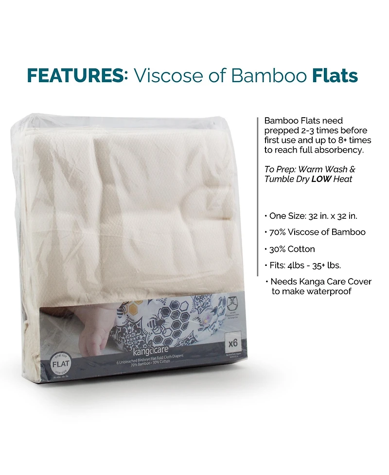 Kanga Care Premium Unbleached Birdseye 70% Rayon from Bamboo 30% Cotton Flat Fold Cloth Diapers (6pk) - One Size 4-35+lbs