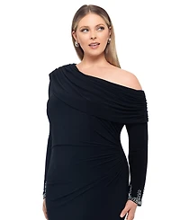 Betsy & Adam Plus Off-Shoulder Embellished-Cuff Dress