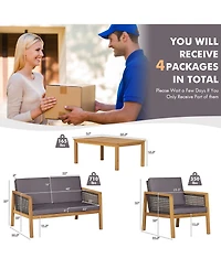 Gymax 8PCS Patio Conversation Acacia Wood Furniture Set Pe Rattan Conversation Set w/ Grey Cushions