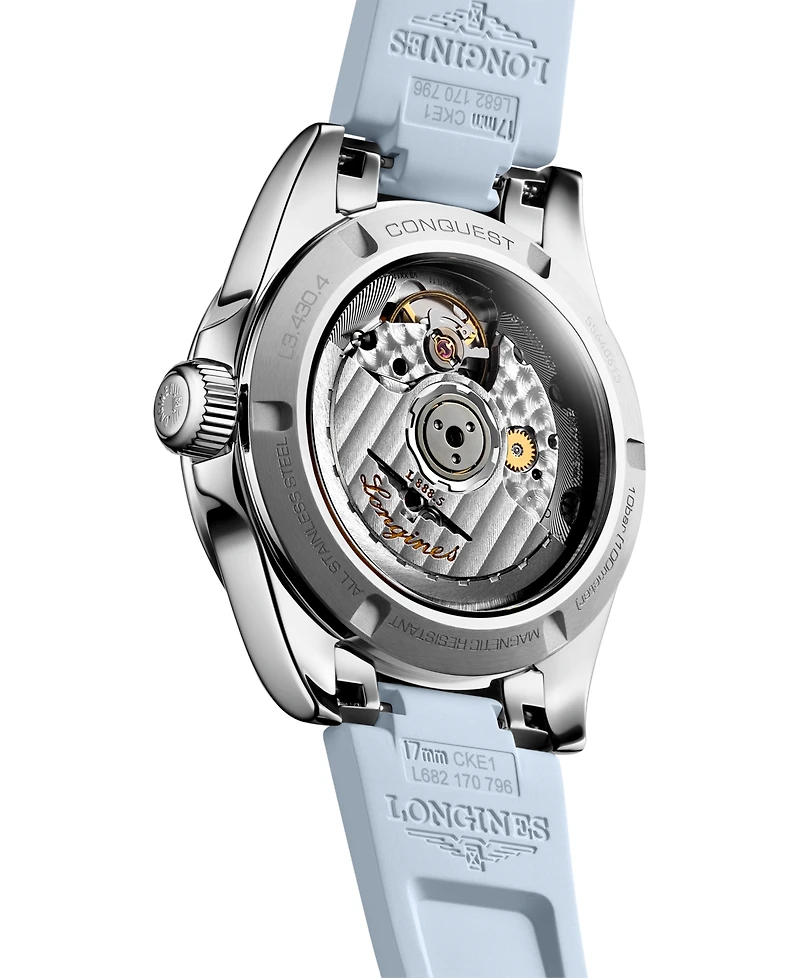 Longines Women's Swiss Automatic Conquest Blue Rubber Strap Watch 34mm