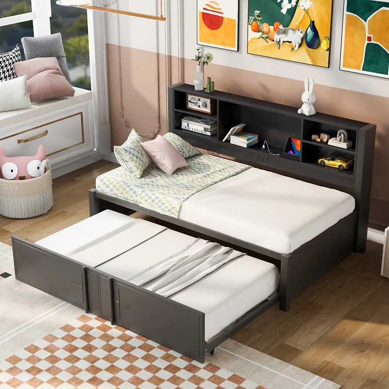 Streamdale Furniture Metal Twin Size Daybed With Twin Size Trundle, Storage Shelves And Usb Ports