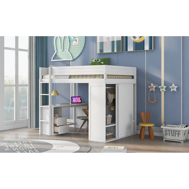 Simplie Fun Wood Full Size Loft Bed With Wardrobes And 2-Drawer Desk With Cabinet