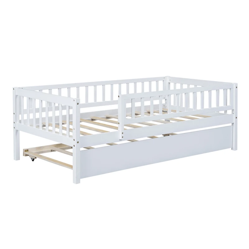 Streamdale Twin Size Wood Daybed With Trundle And Fence Guardrails