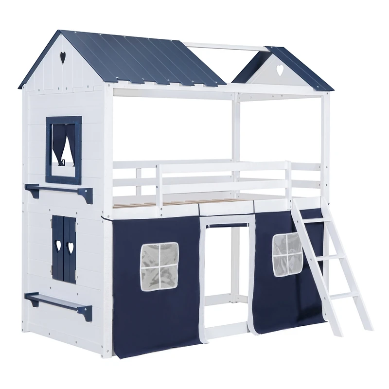 Streamdale Twin Size Bunk Wood House Bed With Elegant Windows, Sills And Tent