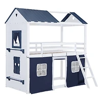 Streamdale Twin Size Bunk Wood House Bed With Elegant Windows, Sills And Tent