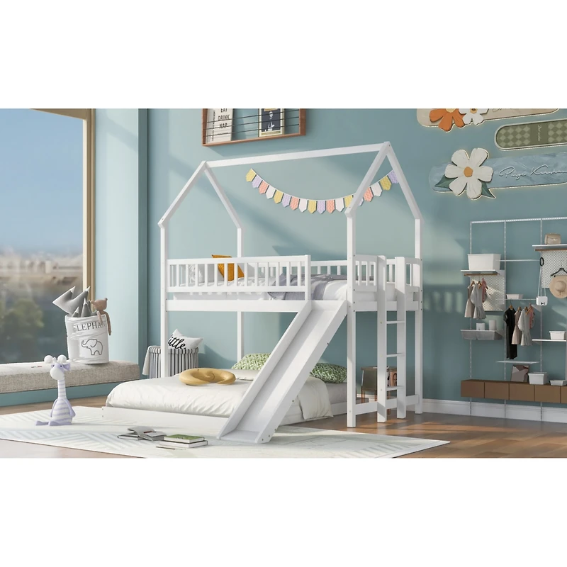Twin Over Full House Bunk Bed With Slide And Built-In Ladder, Full-Length Guardrail
