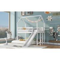 Twin Over Full House Bunk Bed With Slide And Built-In Ladder, Full-Length Guardrail