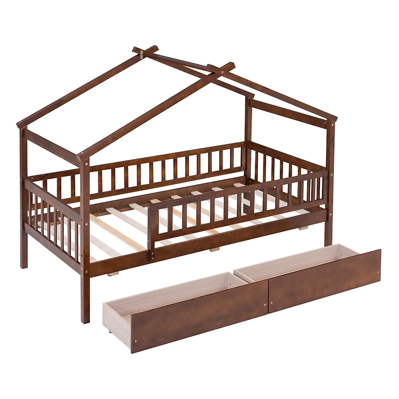 Simplie Fun Twin Size Wooden House Bed With Two Drawers, Walnut