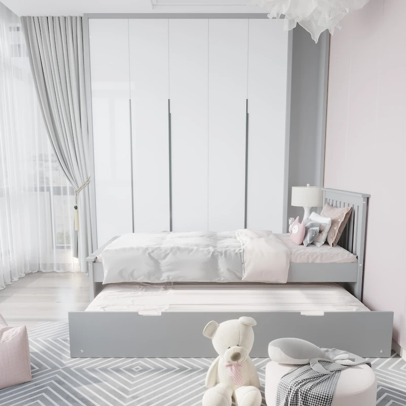 Streamdale Solid Wood Twin Bed with Trundle for Kids