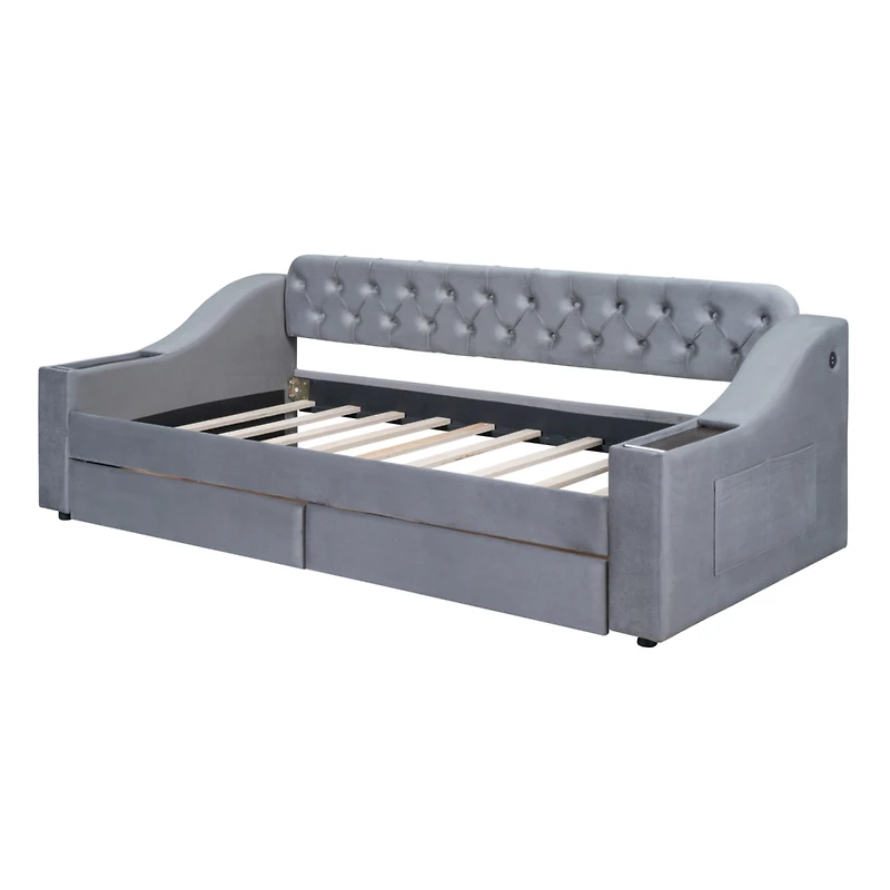 Twin Size Upholstered Daybed With Storage Armrests And Usb Port