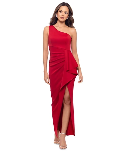 Xscape Women's One-Shoulder Ruffled Long Fit & Flare Dress