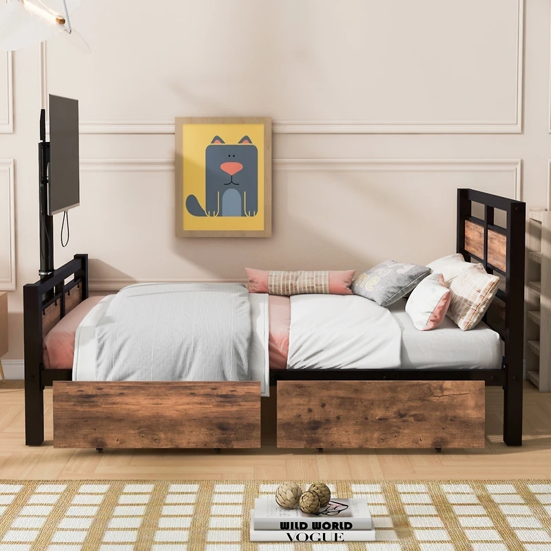 Streamdale Metal Platform Bed with Storage Drawers and Rotatable Tv Stand
