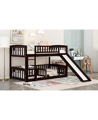 Bunk Bed With Slide, Twin Over Twin Low Bunk Bed With Fence And Ladder For Toddler Kids Teens