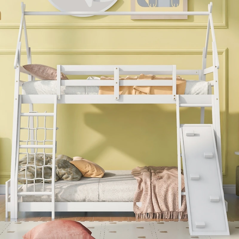 Streamdale Twin Over Queen House Bunk Bed With Climbing Nets And Ramp