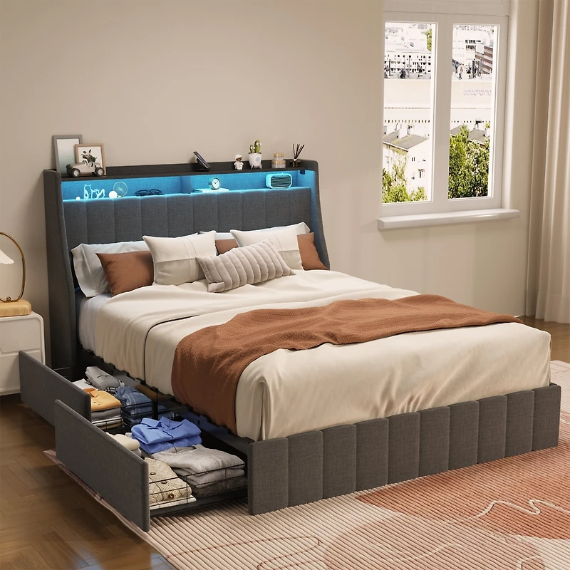 Streamdale Full Size Bed Frame with Led and Storage Drawers