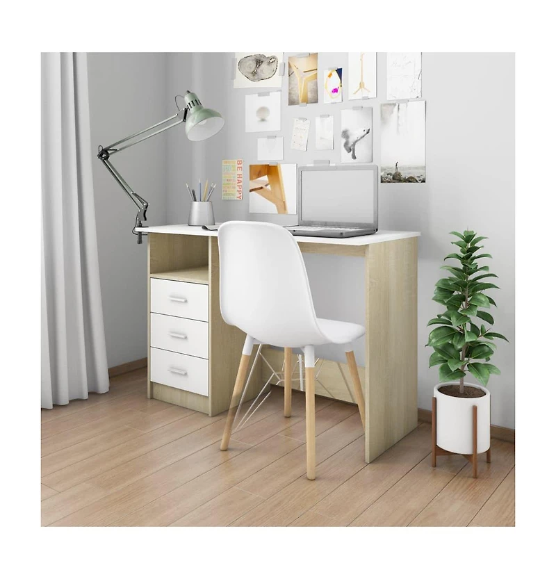 vidaXL Desk with Drawers White and Sonoma Oak 43.3"x19.7"x29.9" Engineered Wood