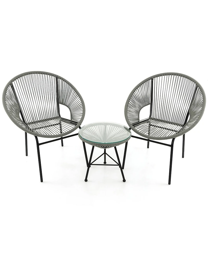 Gymax 3 Pieces Acapulco Chair Set Wicker Conversation Bistro Set w/ Tempered Glass Table