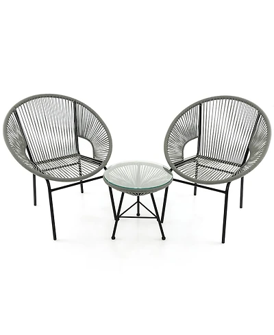 Gymax 3 Pieces Acapulco Chair Set Wicker Conversation Bistro Set w/ Tempered Glass Table