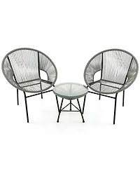 Gymax 3 Pieces Acapulco Chair Set Wicker Conversation Bistro Set w/ Tempered Glass Table