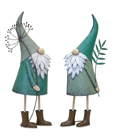 Slickblue Iron Metal Standing Garden Gnome With Flower (Set of 2)