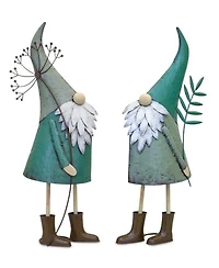 Slickblue Iron Metal Standing Garden Gnome With Flower (Set of 2)