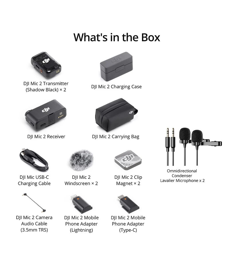 Dji Mic 2 Digital Wireless Microphone System with Two Condenser Lavalier Mics