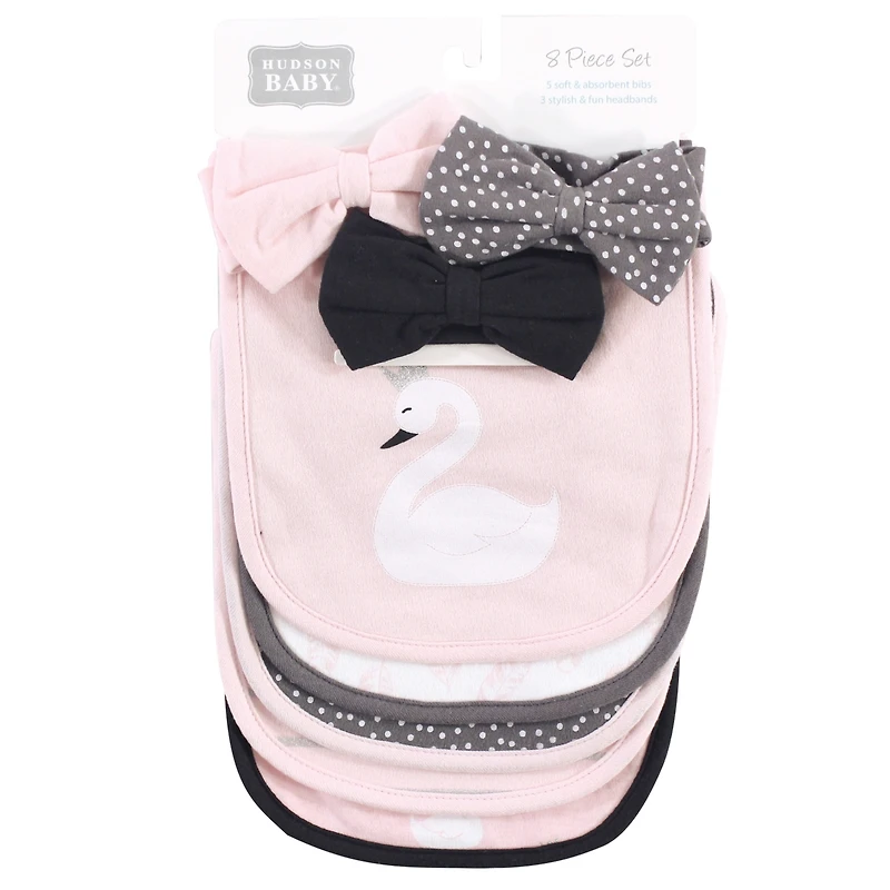 Hudson Baby Infant Girl Cotton Bib and Headband or Caps Set 8pk