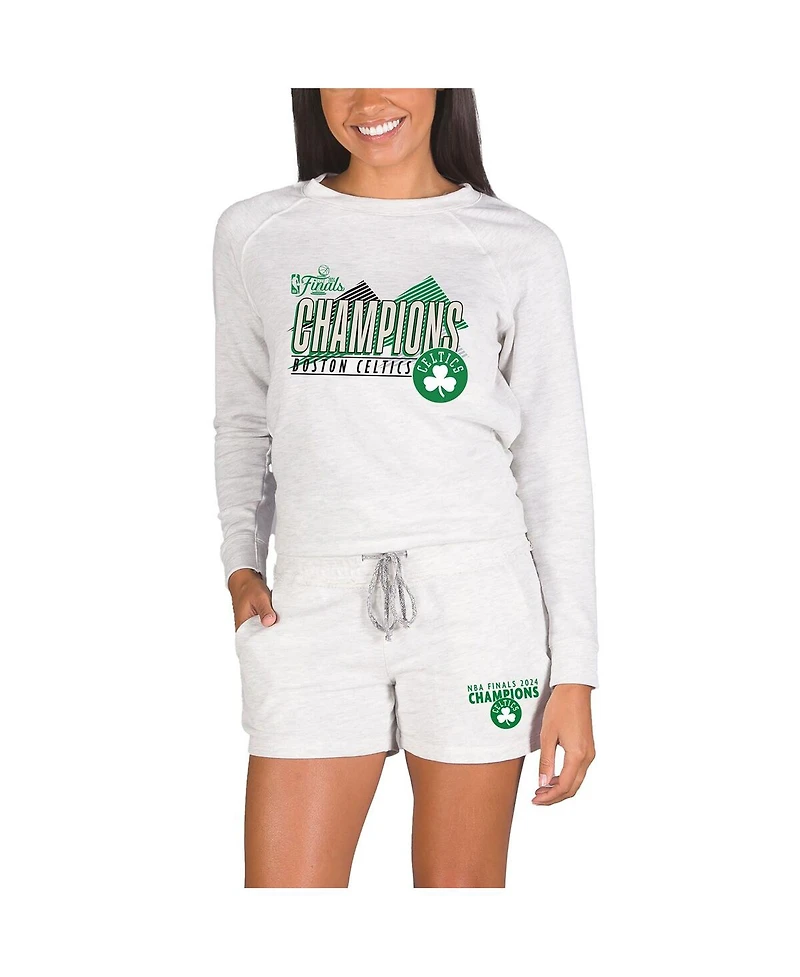 Concepts Sport Women's Oatmeal Boston Celtics 2024 Nba Finals Champions Mainstream Tri-Blend Long Sleeve T-Shirt Shorts Set