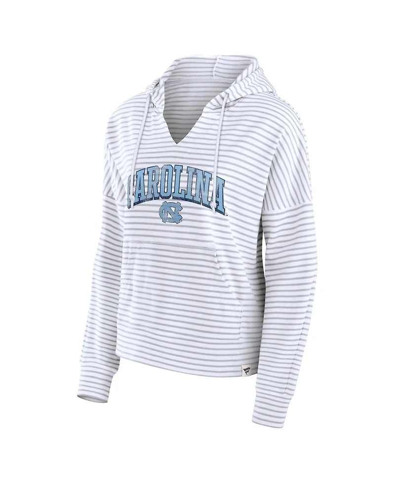 Fanatics Women's White/Gray North Carolina Tar Heels Arch Logo Striped Notch Neck Pullover Hoodie