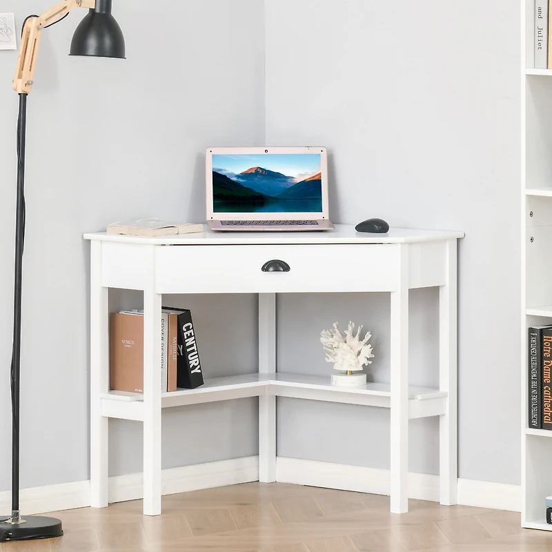 Homcom Corner Desk Triangle Computer Desk with Drawer & Storage Shelves,