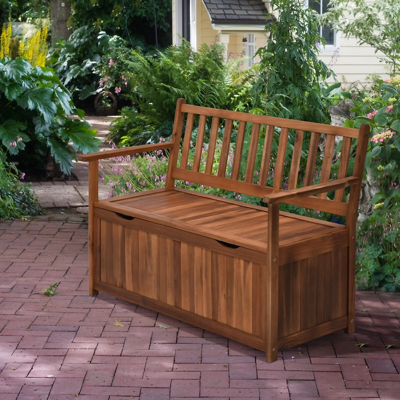 Outsunny 41 Gallon Outdoor Wooden Storage Bench with Lining for Garden Tools Toys, Teak