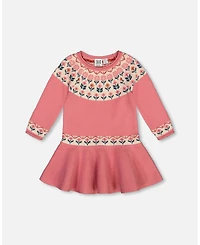 Deux par Deux Toddler Girls Knit Dress With Round Intarsia Flowers Light Pink