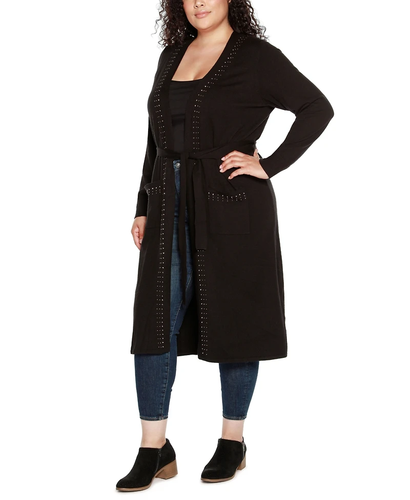 Belldini Black Label Plus Rhinestone-Trim Belted Duster Cardigan Sweater