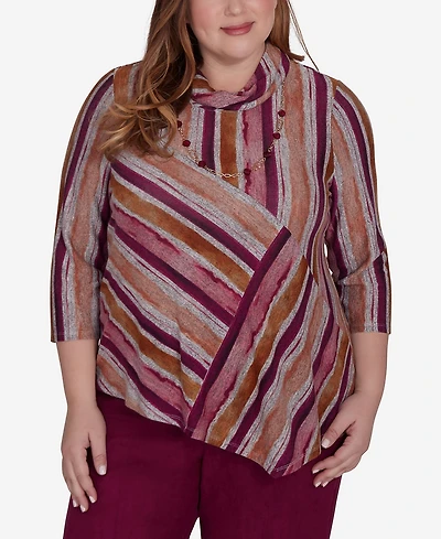 Alfred Dunner Plus Size Wine Country Spliced Stripe Cowl Neck Top With Necklace
