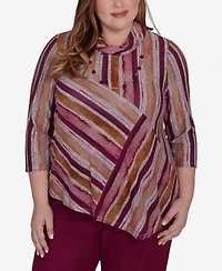 Alfred Dunner Plus Size Wine Country Spliced Stripe Cowl Neck Top With Necklace