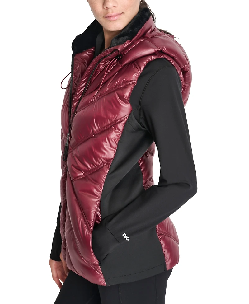 Dkny Women's Hooded Puffer Vest with Contrast Scuba and Teddy Faux Fur Collar