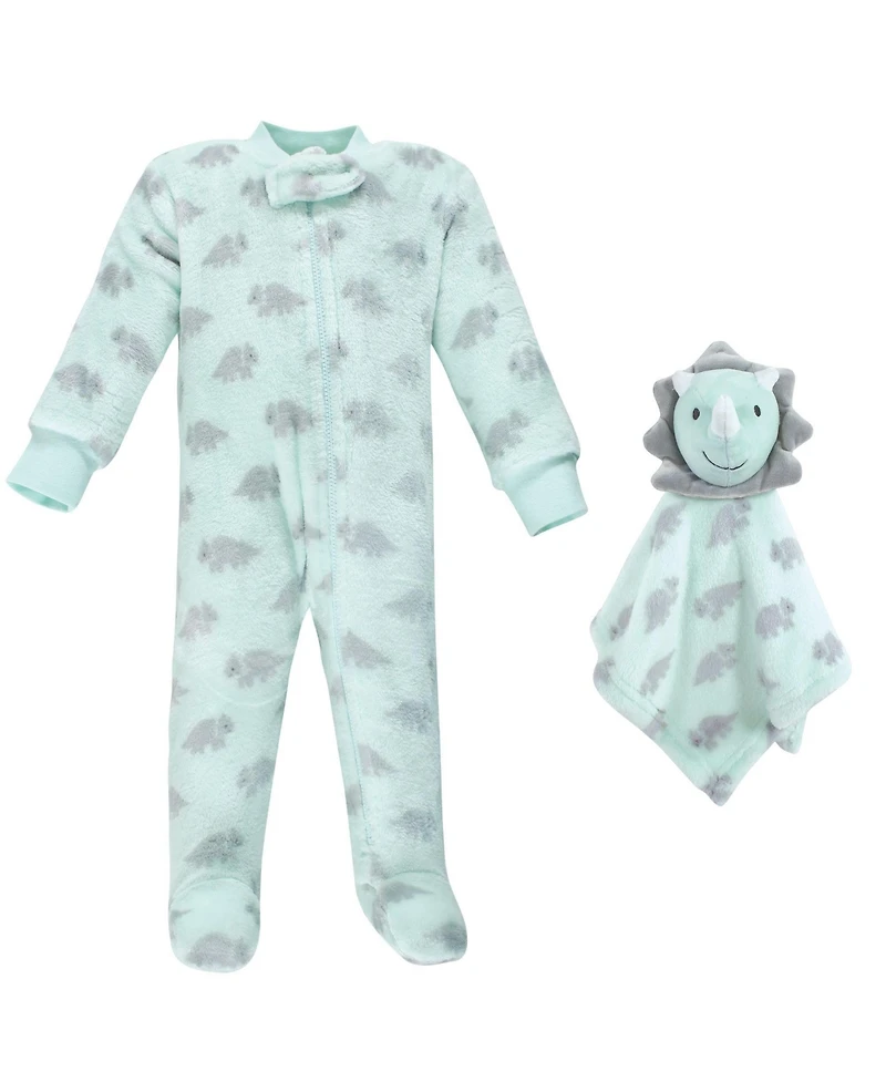 Hudson Baby Baby Boys Hudson Flannel Plush Sleep and Play One Piece and Security Toy, Triceratops