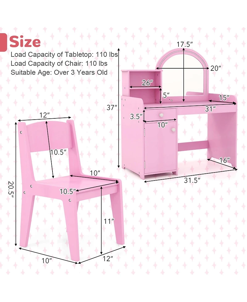 Kid Vanity Table Chair Set 2-Color Led Lights Large Drawer Shelf Cabinet