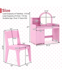 Kid Vanity Table Chair Set 2-Color Led Lights Large Drawer Shelf Cabinet
