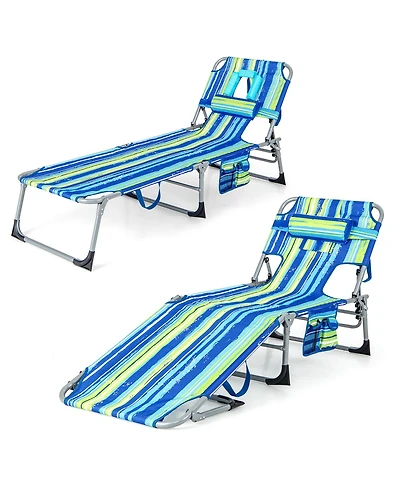 Gymax Goplus 2PCS Outdoor Beach Lounge Chair Folding Chaise Lounge w/ Pillow Blue & Green