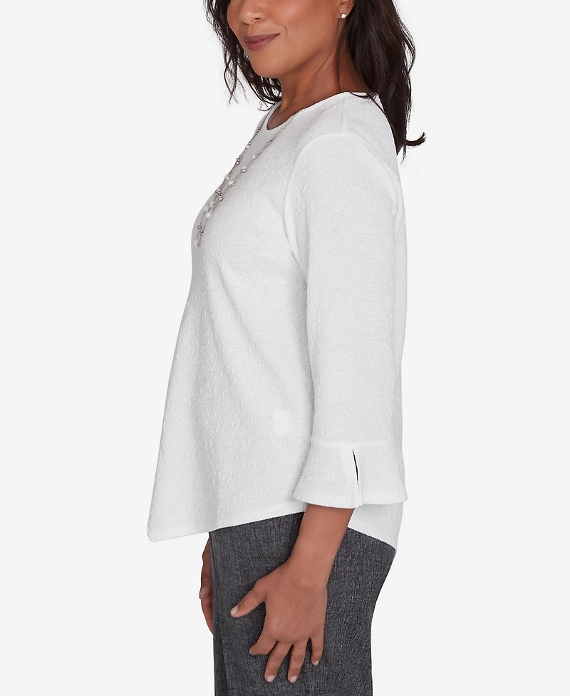 Alfred Dunner Women's Worth Avenue Crew Neck Textured Top with a Detachable Necklace