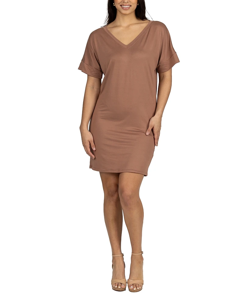 24seven Comfort Apparel Solid Color Loose Fit V Neck T Shirt Style Women's Knee Length Dress