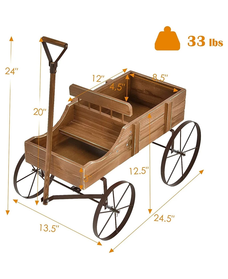 Sugift Wooden Wagon Plant Bed with Metal Wheels for Garden Yard Patio